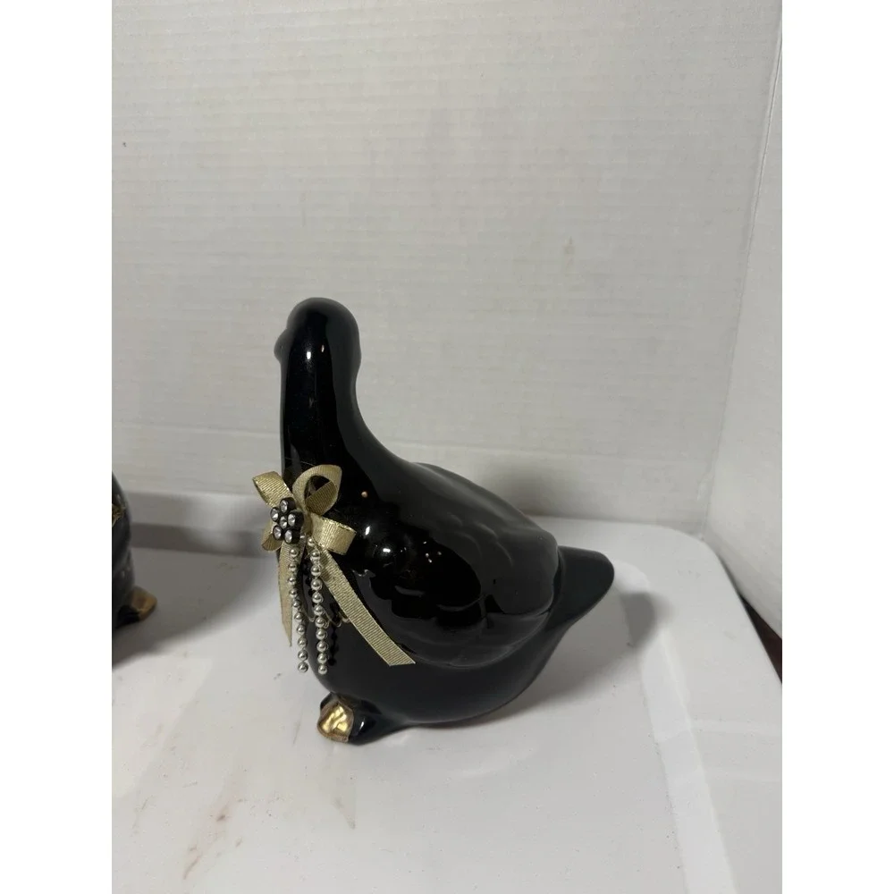 VTG Black Gold Ceramic Ducks Set Animal Figurines Made In Taiwan 6